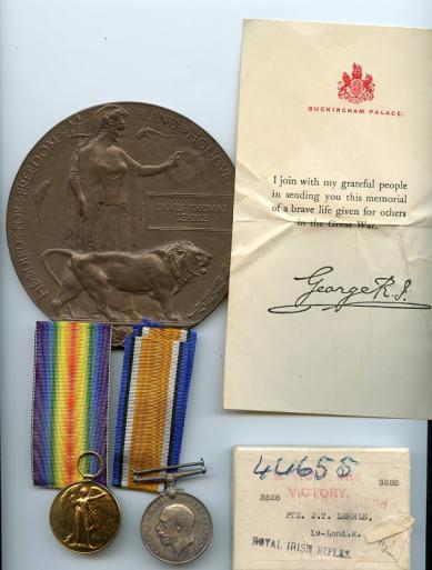 First War Pair Medals & Memorial Plaque To Pte James Thomas Lehrle 15th BN Royal Irish Rifles