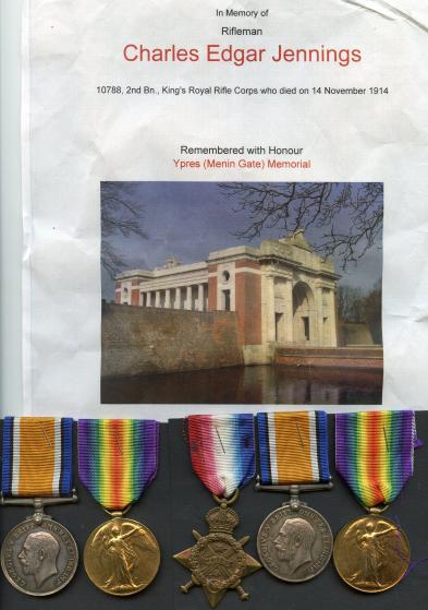 1914  Mons Star Trio  to  Rifleman Charles Edgar Jennings, Kings Royal Rifle Corps & Also His Brothers WW1 Pair