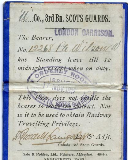 Rare Scots Guards WW1 London Garrison Standing Leave Pass Book To Pte W Wilson Scots Guards