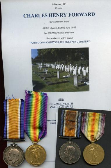 WW1 British War & Victory Medals Pairs to Brothers Pte Charles H. Forward,  Hampshire Regt  & Pte William H Forward Devonshire Regiment ( Alias Fulwood)