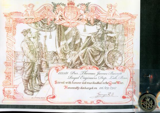 Silver War Badge Awarded to  Pioneer Thomas James Barrett , Royal Engineers