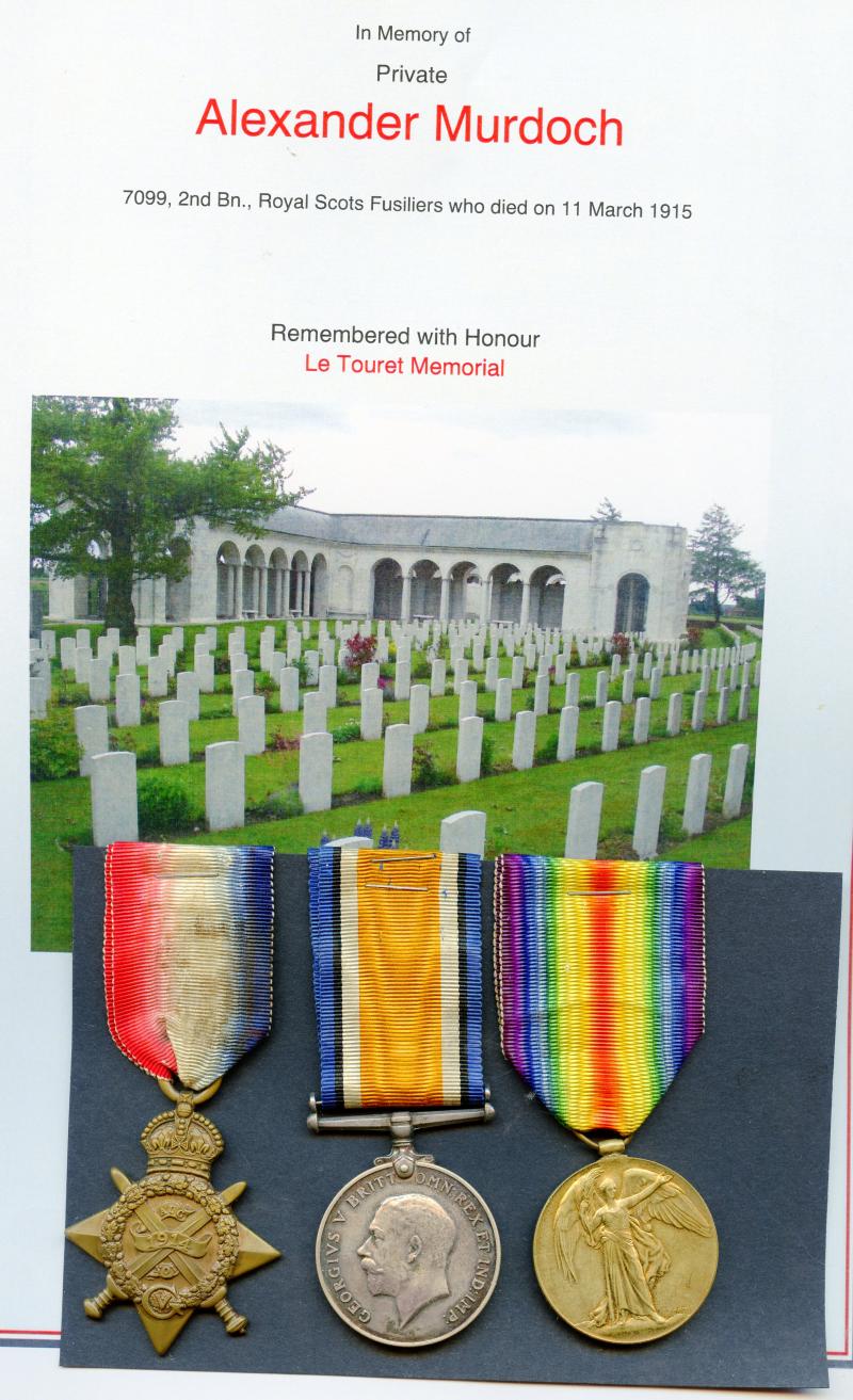 1914 Mons Trio World War One Medals To Pte Alexander Murdoch 2nd Bn., Royal Scots Fusiliers