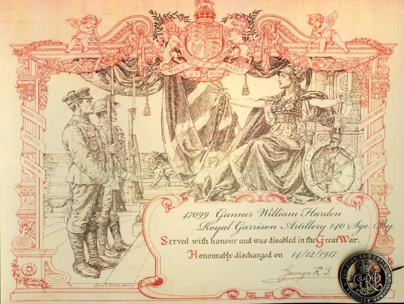 Silver War Badge Awarded to  Gunner William Harden 140th Siege Bty Royal artillery