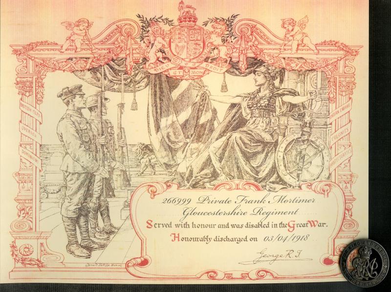 Silver War Badge Awarded to Pte Frank Mortimer, Gloucestershire Regiment