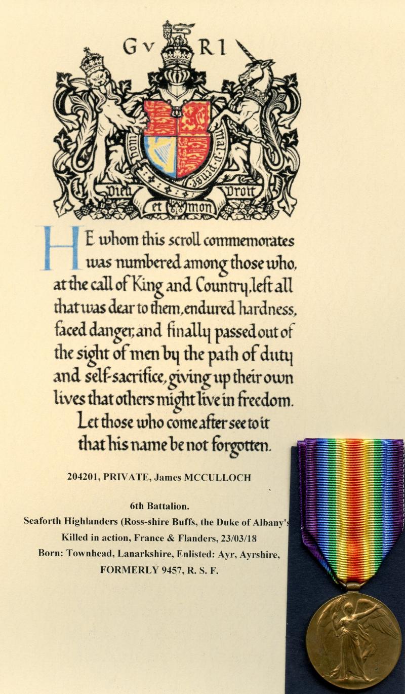 Victory Medal 1914-1919 To Pte  James McCulloch, Royal Scots Fusiliers