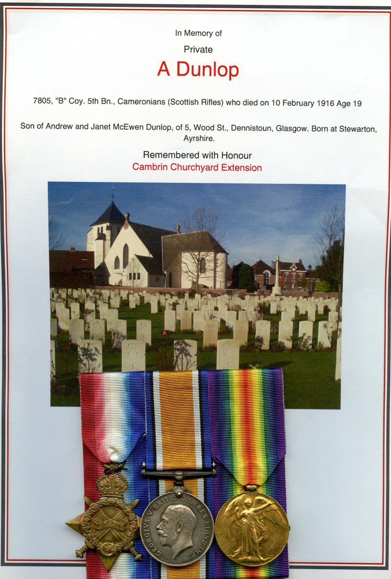 1914-15 Trio World War One Medals To  Pte Andrew Dunlop, 5th Battalion Cameronians Scottish Rifles