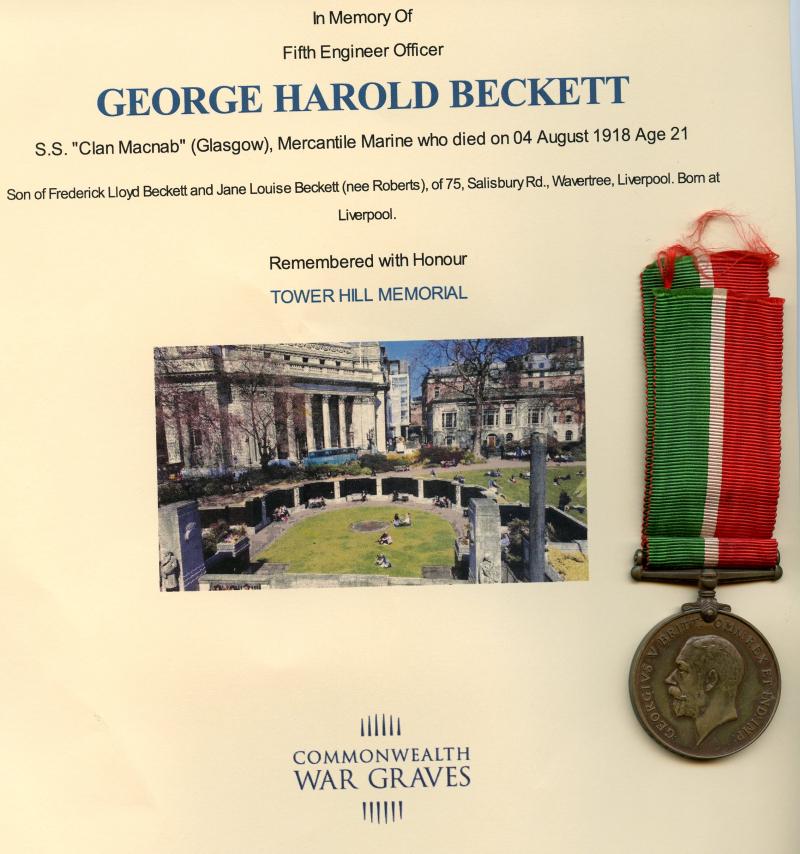 Mercantile Marine War Medal 1914-18  To Fifth Officer George Harold Beckett