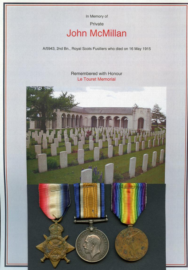 WW1 1914 Mons Trio World War One Medals To Pte John McMillan, 2nd Bn., Royal Scots Fusiliers