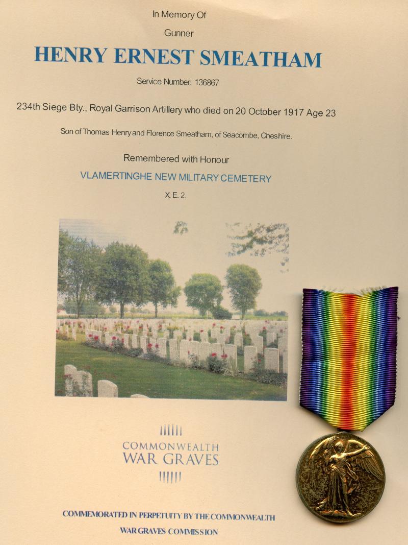 Victory Medal 1914-1919 To Henry Ernest Smeatham, 234th Siege Bty., Royal Garrison Artillery