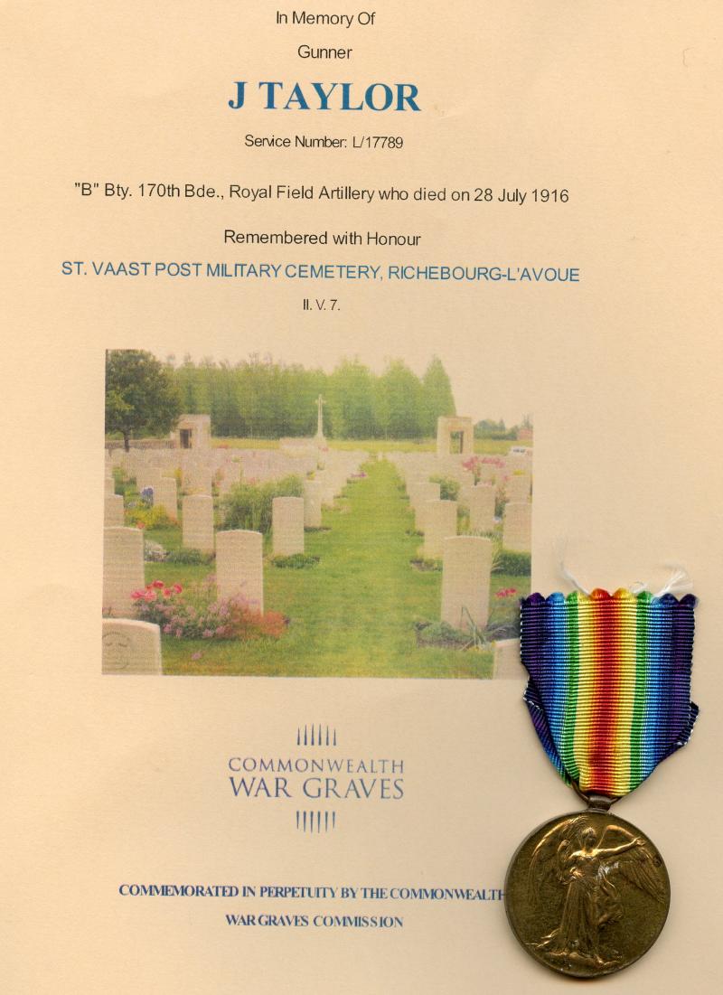Victory Medal 1914-1919 To Gunner John Taylor,