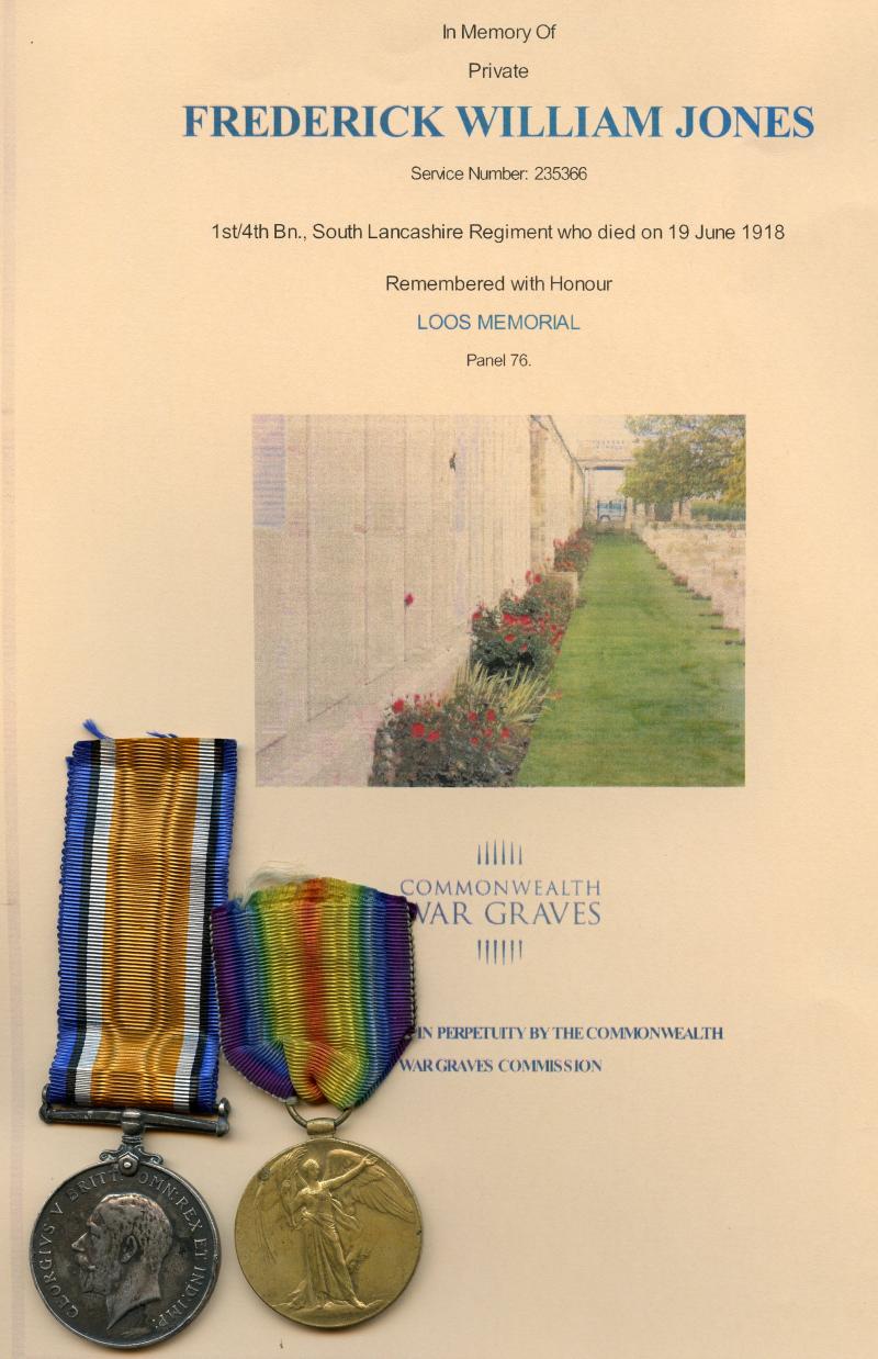 WW1 British War & Victory Medals Pair to Pte Frederick William Kendrick Jones,1st/4th Bn., South Lancashire Regimen