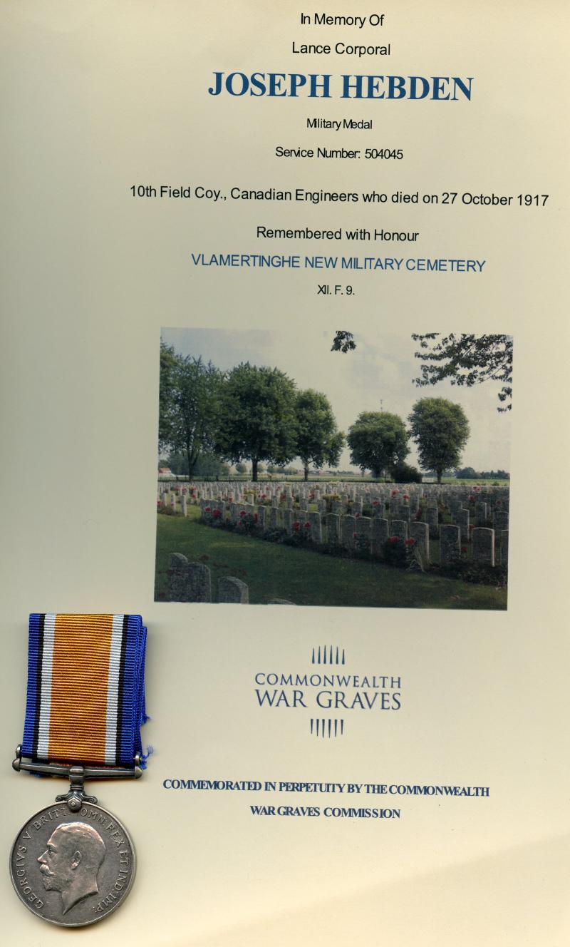 British War Medal 1914-18 To Cpl Joseph Hebden, 10th Field Coy.,Canadian Engineers Awarded Military Medal for Vimy Ridge