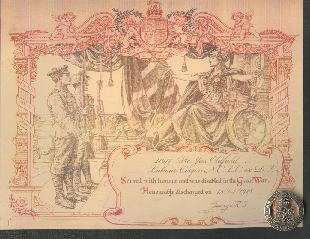 WW1 Silver War Badge Awarded to Pte James Oldfield, Labour Corps & Lincolnshire Regiment