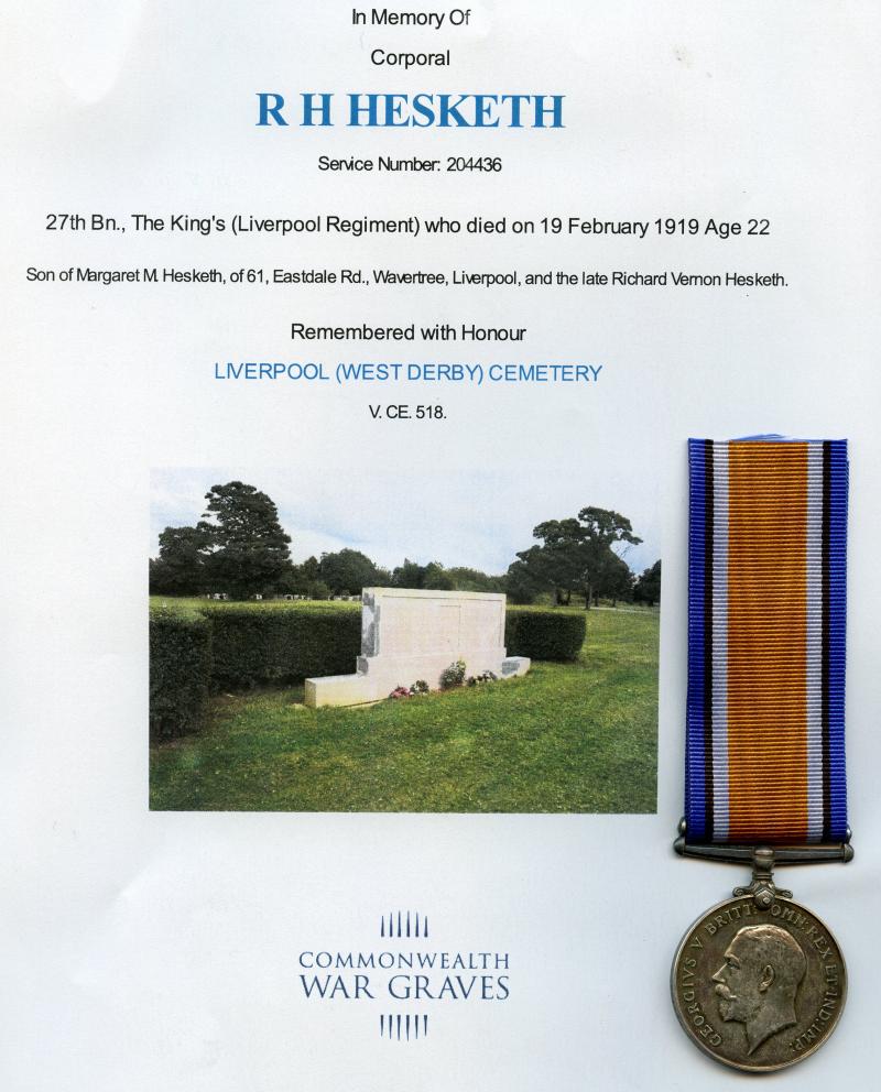 WW1 British War Medal 1914-18 To Pte Richard Hugh Hesketh, 27th Bn., The King's (Liverpool Regiment)