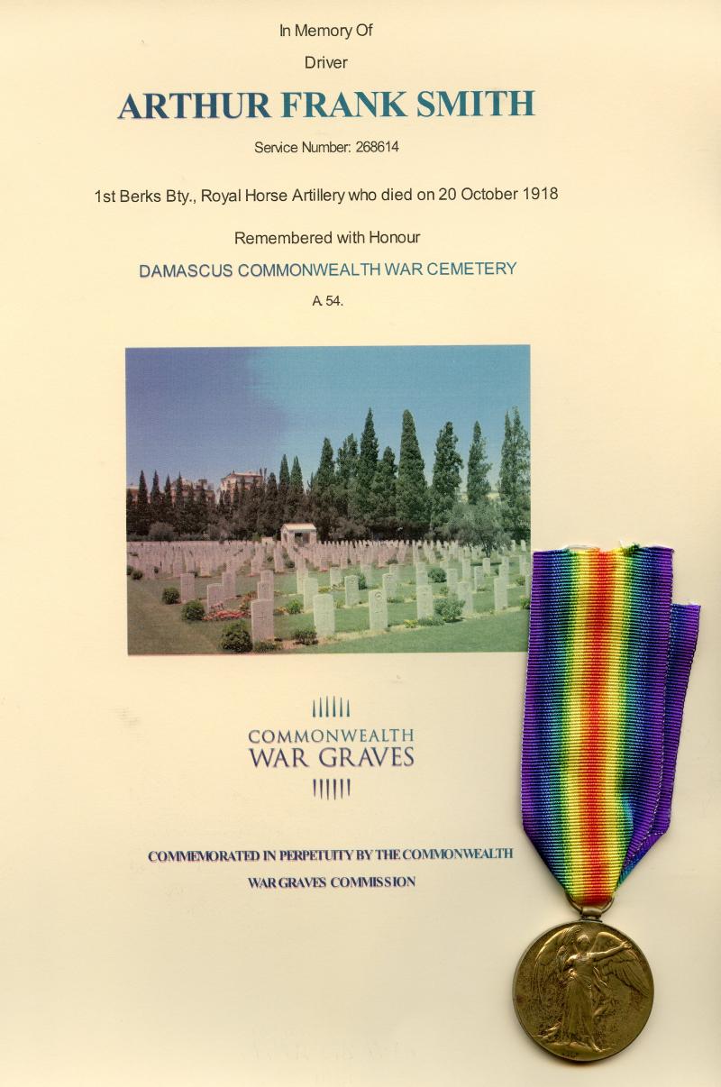 Victory Medal 1914-19 To Arthur Frank Smith, A.S.C & 1st Berks Bty., Royal Horse Artillery