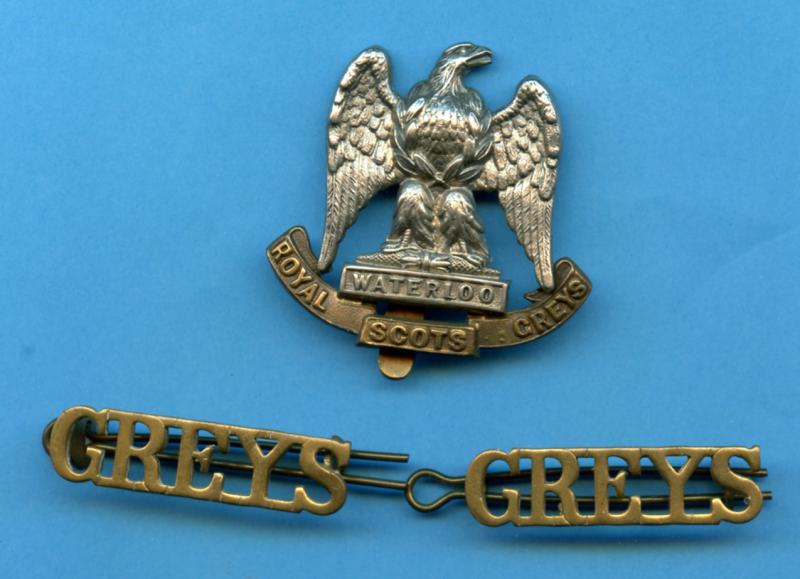 WW1 Royal Scots Greys Cap Badge with shoulder titles