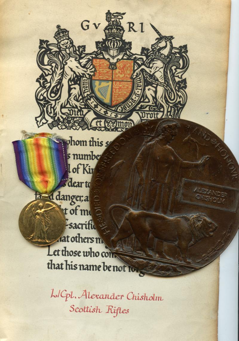 WW1  Victory Medal with Memorial Plaque and Scroll To L/Cpl Alexander Chisholm, Royal Scots and Scottish Rifles