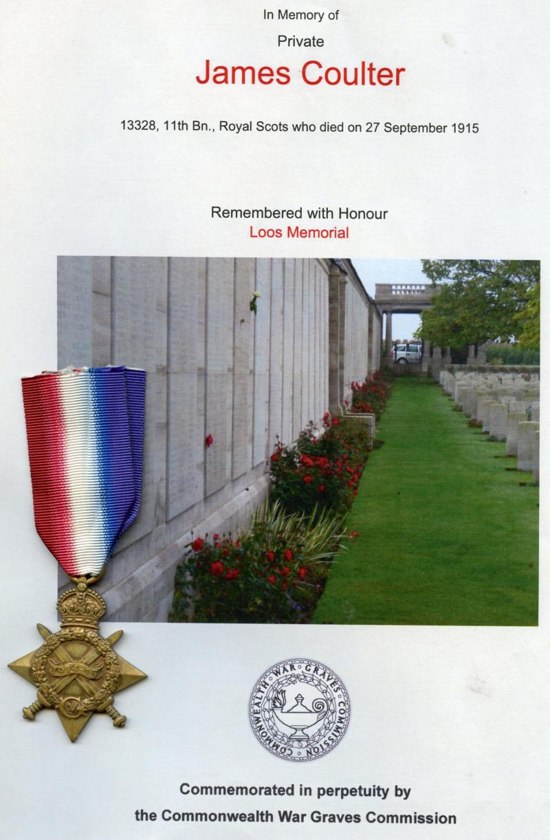 WW1 1914-15 Star To Pte James Coulter, 11th Battalion Royal Scots