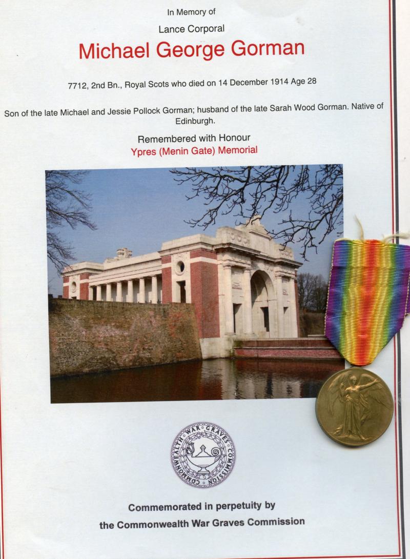 WW1 Victory Medal 1914-1919 To Lance Corporal  Michael George Gorman, 2nd Battalion  The Royal Scots