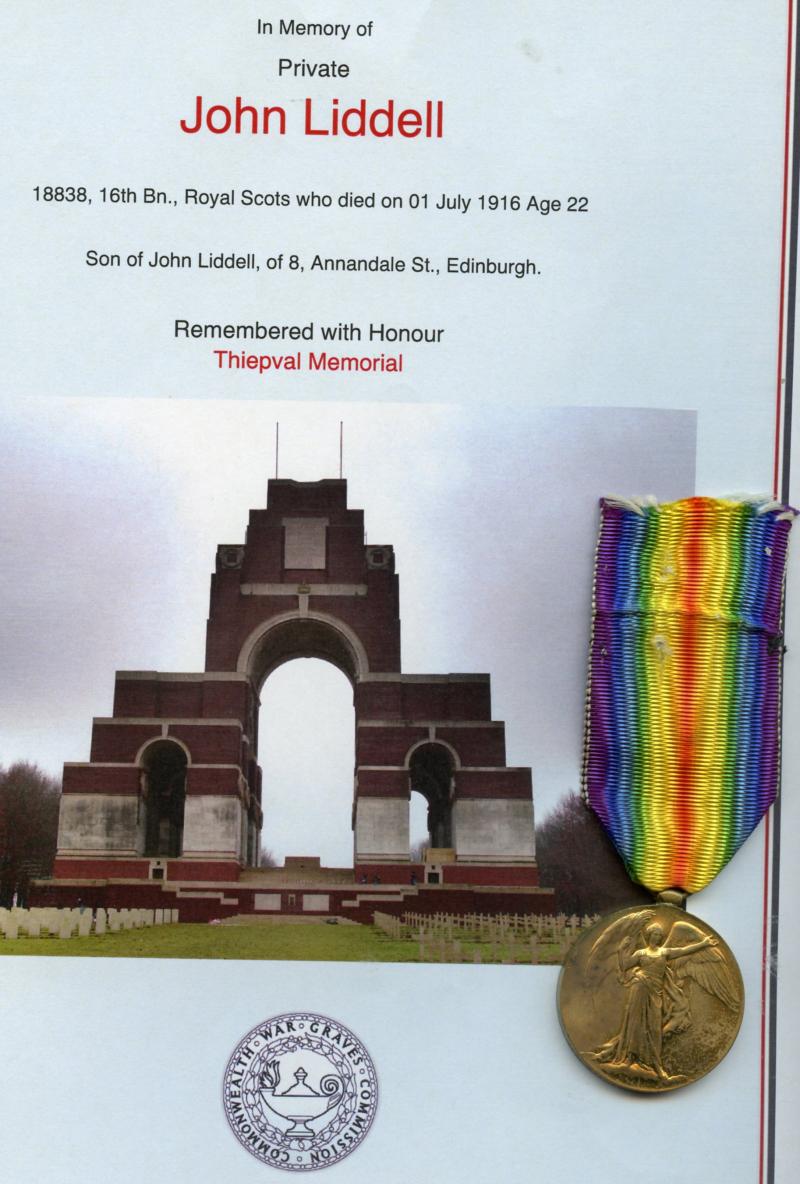 WW1 Victory Medal 1914-1919 To Pte John Liddell, McCrae's Battalion 16th Royal Scots Battalion (Killed in Action on  the First Day of The Battle of The Somme 01 July 1916)