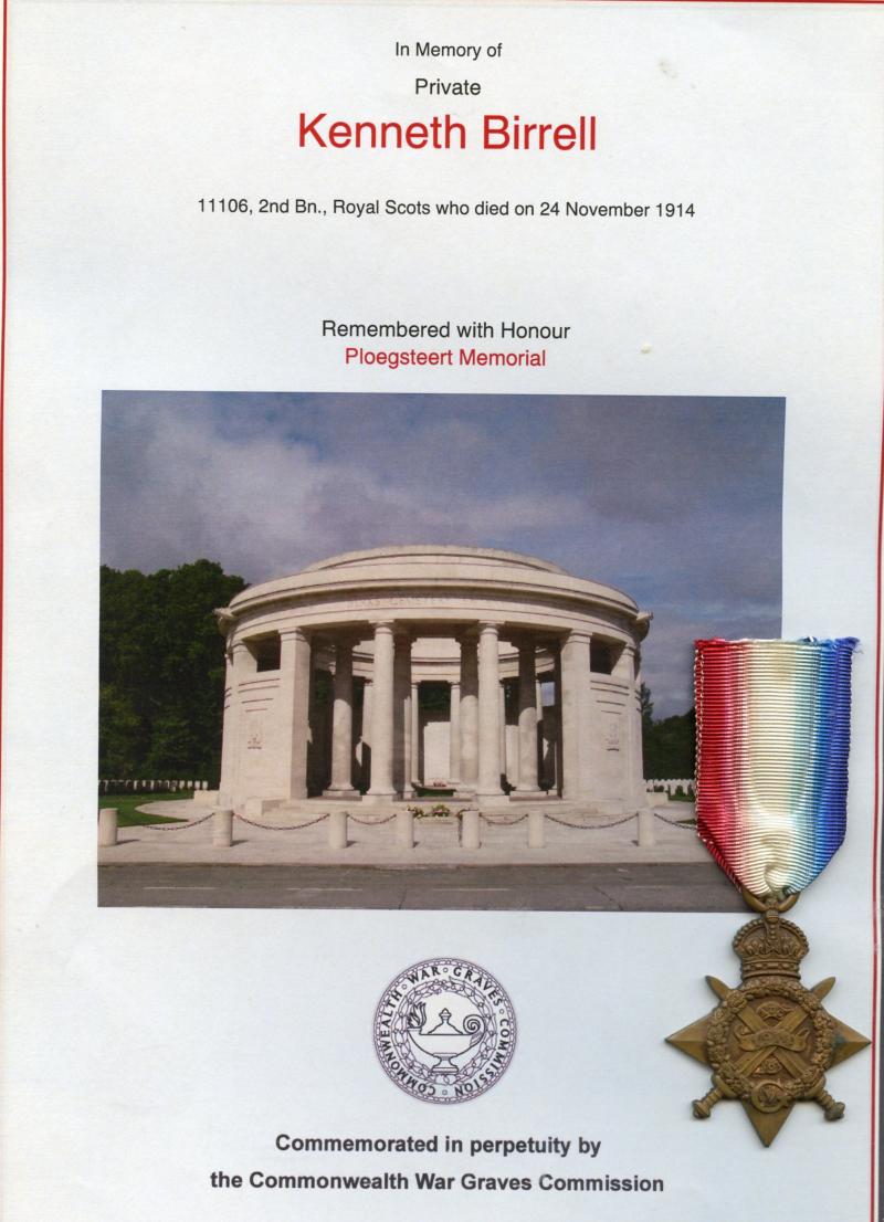 WW1 1914 Mons Star To Pte Kenneth Birrell, 2nd Battalion Royal Scots
