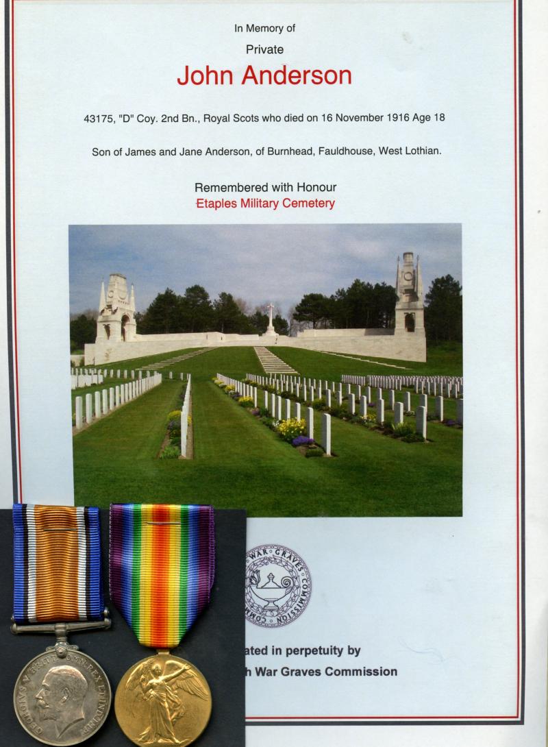 WW1 British War & Victory Medals Pair to Pte John Anderson, Royal Scots