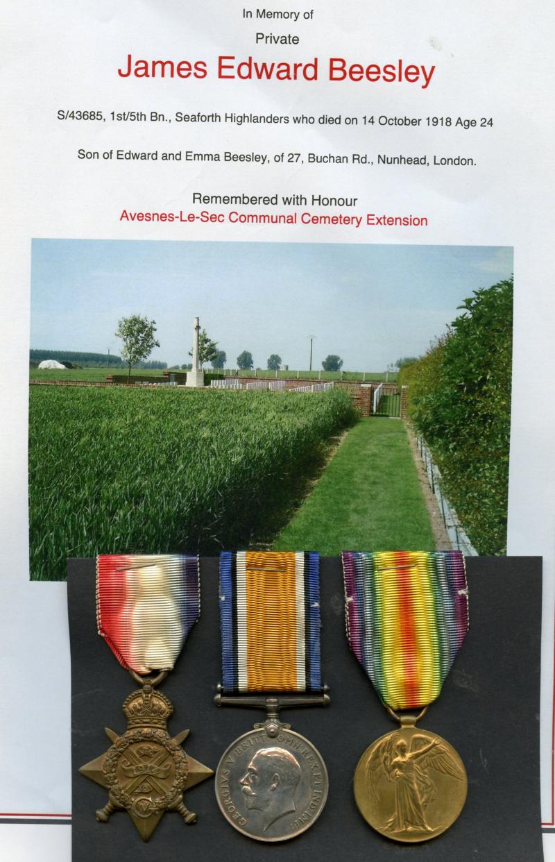1914 Mons Trio World War One Medals To James Edward Beesley, Royal Engineers and Seaforth Highlanders