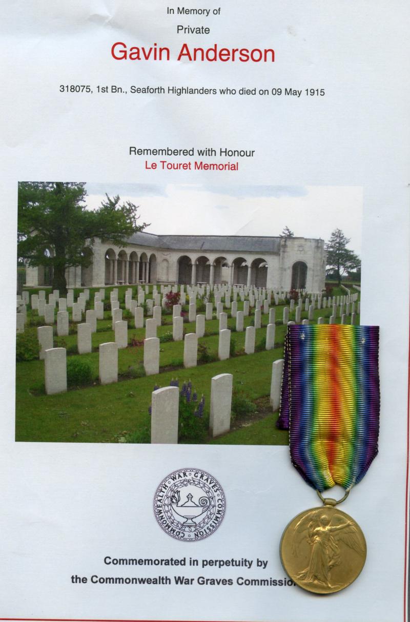 WW1 Victory Medal 1914-1919 To Pte Gavin Anderson, Seaforth Highlanders