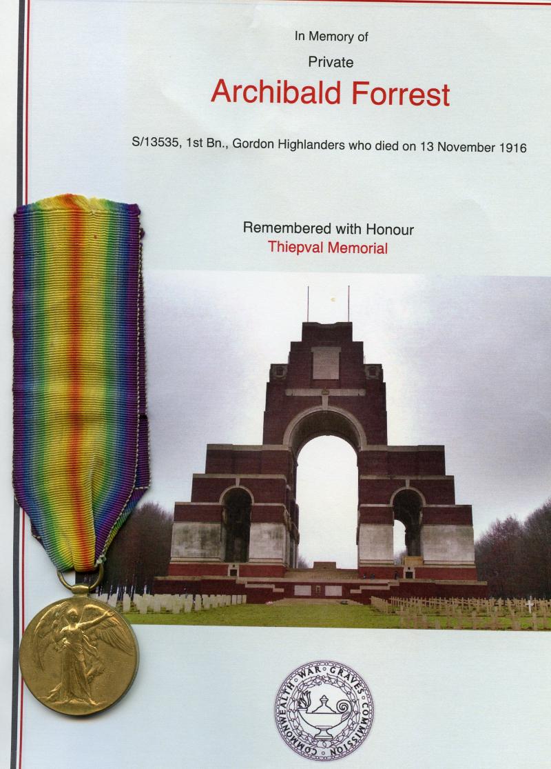 WW1 Victory Medal 1914-1919 To Pte Archibald Forrest, 1st  Bn Gordon Highlanders