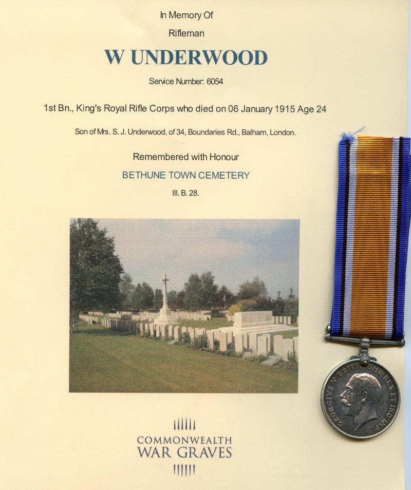 WW1 British War Medal 1914-18 To Rifleman William Underwood, 1st Bn., King's Royal Rifle Corps