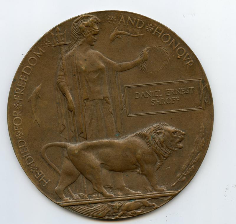 WW1 Memorial Plaque To Daniel Ernest Shroff, 9th Bn., Rifle Brigade