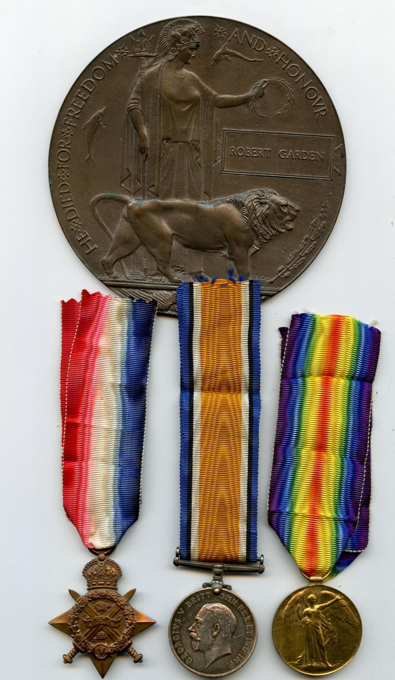 1914 Mons Trio & Memorial Plaque to Pte Robert Garden 2nd Bn., Gordon Highlanders