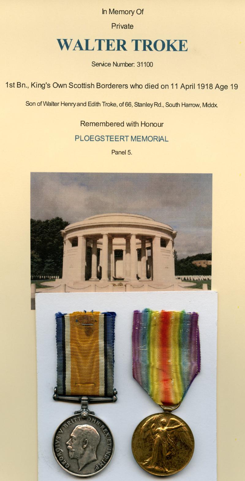 WW1 British War & Victory Medals Pair To Pte Walter Troke, Middlesex Regt & Kings Own Scottish Borderers