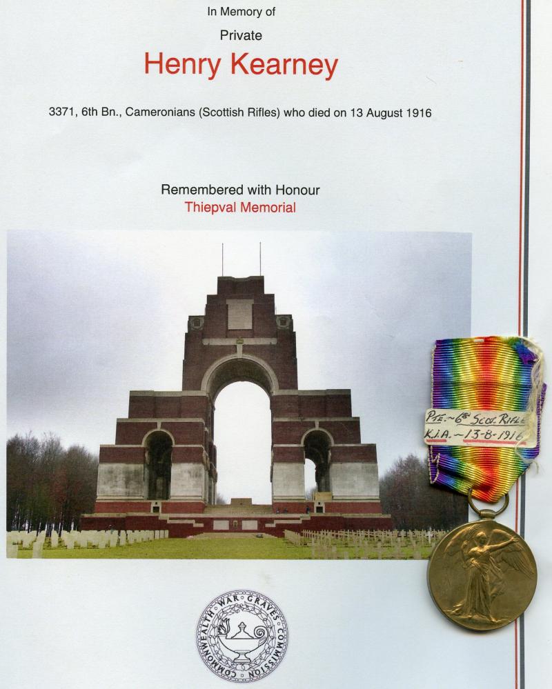 WW1 Victory Medal 1914-1919 To Pte Henry Kearney, 6th Bn., Cameronians (Scottish Rifles