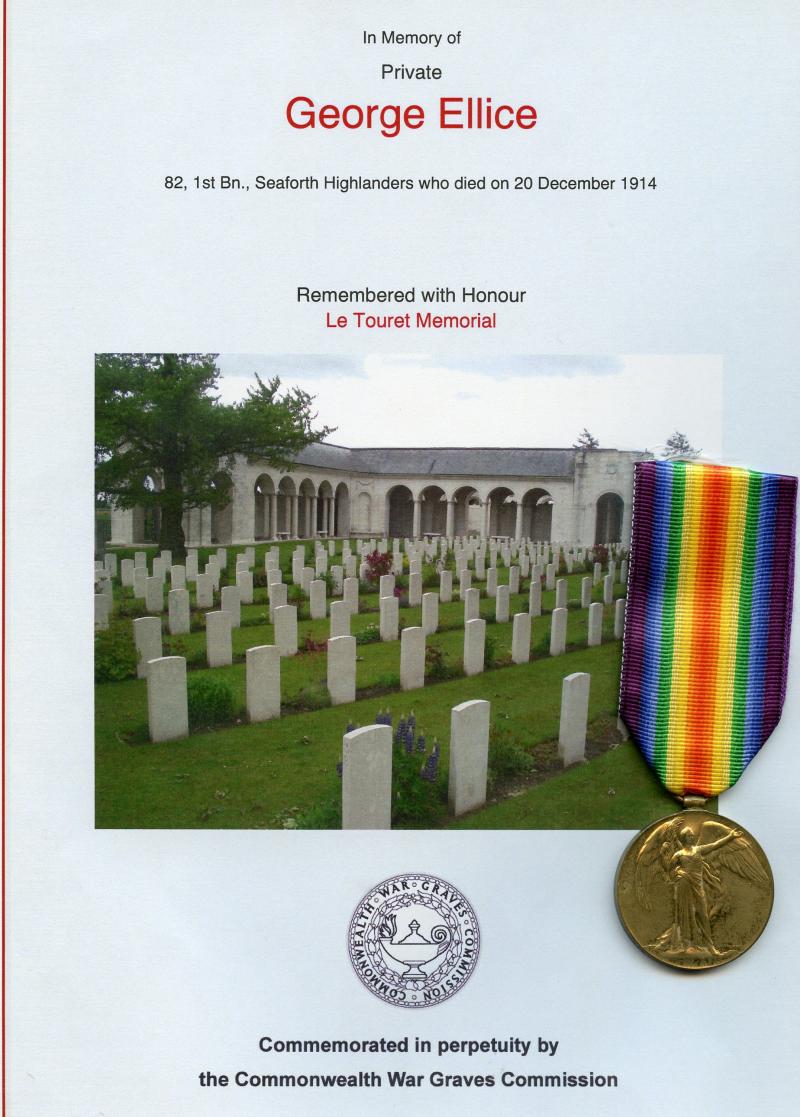 WW1 Victory Medal 1914-1919 To Pte George Ellice, Seaforth Highlanders