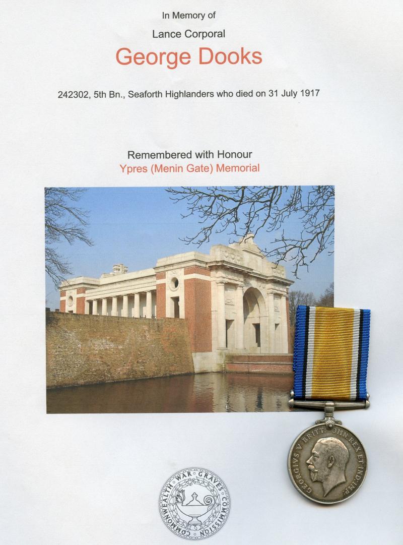 WW1 British War Medal 1914-18 To L/Cpl George Dooks, 5th Bn., Seaforth Highlanders