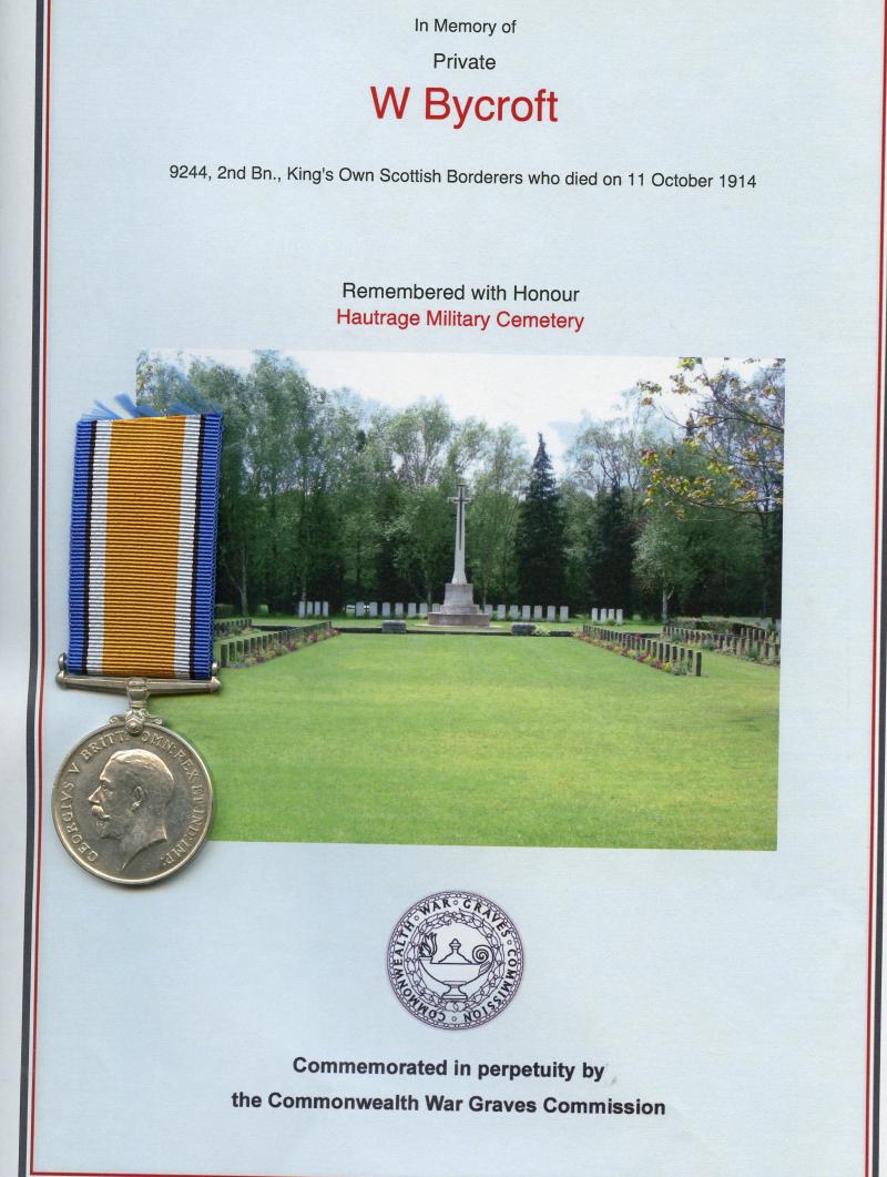 WW1 British War Medal 1914-18 To Pte Walter Herbert Bycroft, 2nd Bn., King's Own Scottish Borderers