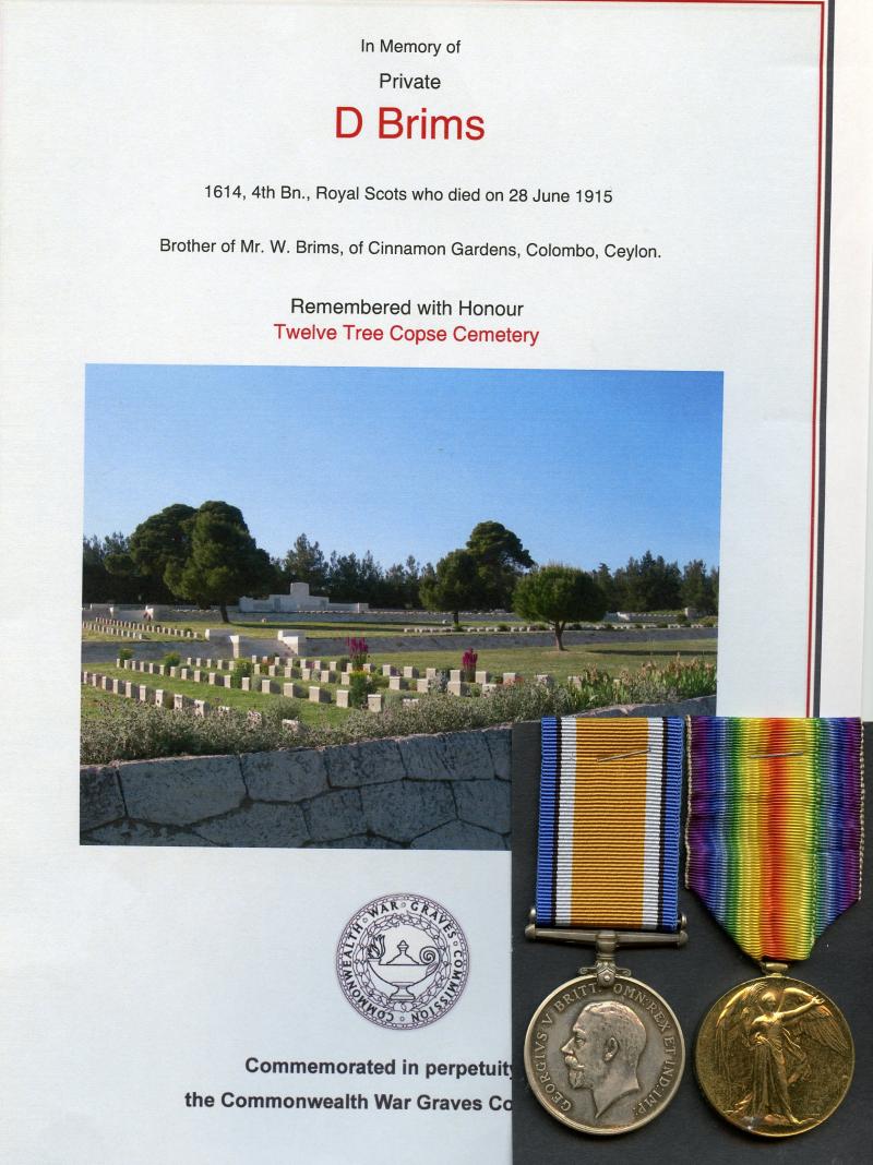 WW1 British War & Victory Medals Pair to Pte Donald Brims, 4th Battalion Royal Scots