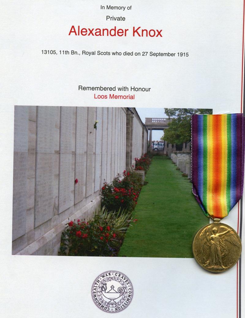 WW1 Victory Medal 1914-1919 To Pte Alexander Knox,11th Battalion., Royal Scots