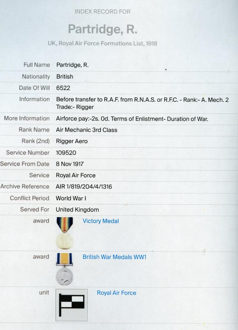 First War Pair Medals British War & Victory Medals to Air Mech 3 Robert Partridge, Royal Air Force