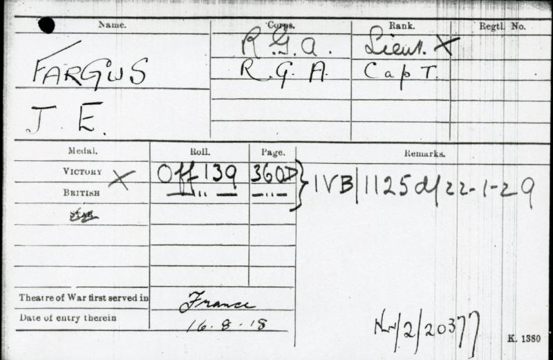 WW1 British War & Victory Medals Pair to Lieut J E Fargus,  Royal Artillery ( From Hull)