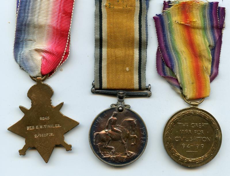 1914 Mons Trio World War One Medals To Pte Ernest William Tinkler 2nd Bn Bedfordshire Regiment)