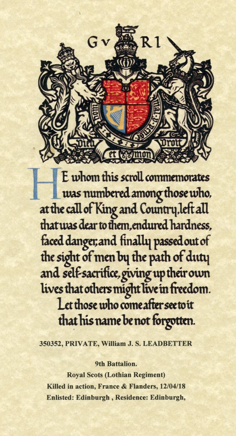 WW1 Victory Medal 1914-1919 To Pte William J. S. Leadbetter, 9th Bn., Royal Scots