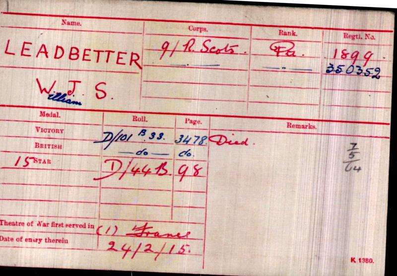 WW1 Victory Medal 1914-1919 To Pte William J. S. Leadbetter, 9th Bn., Royal Scots