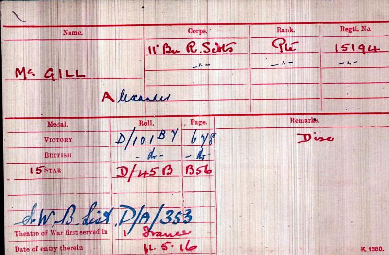 WW1 1914-15 Trio World War One Medals To Pte Alexander McGill, 11th Battalion Royal Scots