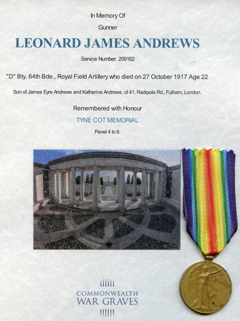 WW1 Victory Medal 1914-1919 To Gunner Leonard James Andrews,