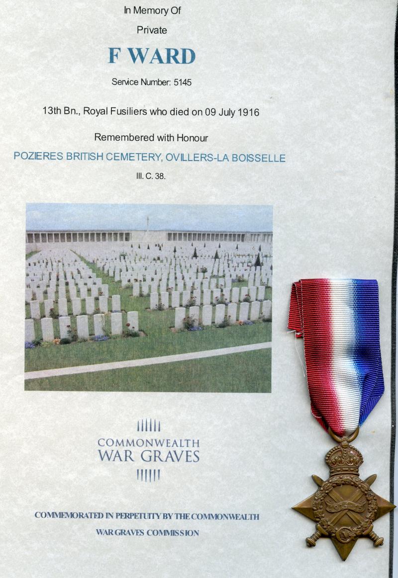 WW1 1914-15 Star Medal To Pte Frederick Ward, 13th Bn., Royal Fusiliers