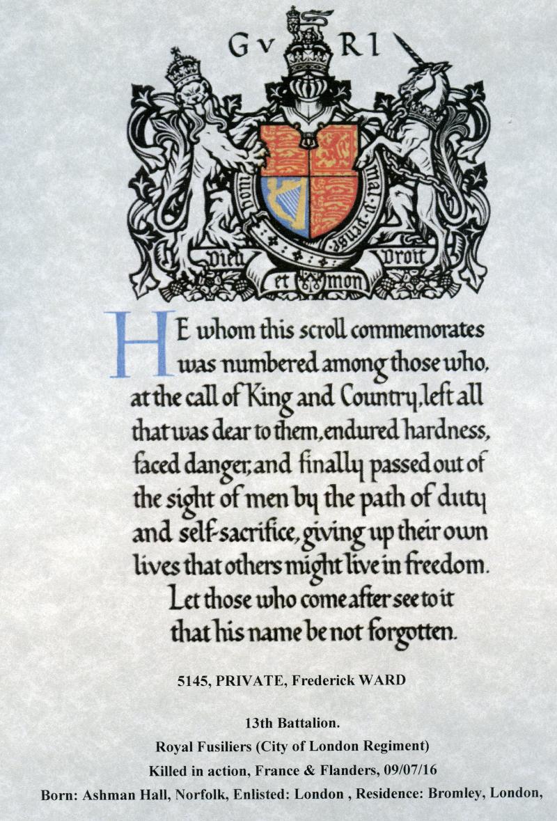 WW1 1914-15 Star Medal To Pte Frederick Ward, 13th Bn., Royal Fusiliers