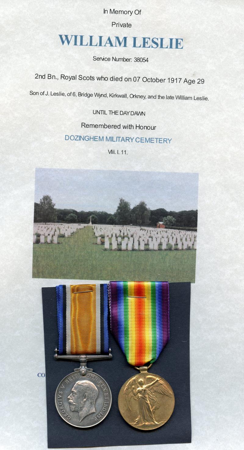 WW1 British War & Victory Medals Pair To Pte William Leslie, 2nd Bn., Royal Scots