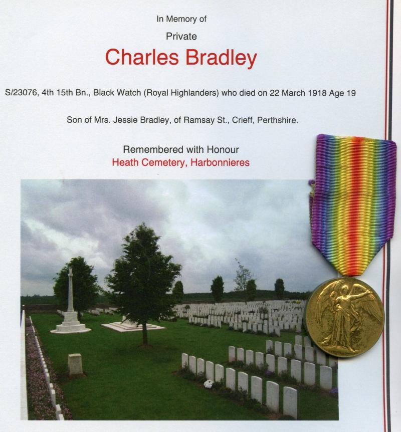 WW1 Victory Medal 1914-1919 To Pte Charles Bradley, 4th 15th Bn., Black Watch (Royal Highlanders)